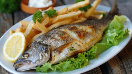 Fried sea bass served on lettuce with French fries, lemon and mayonnaise on white plate on wooden table