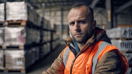 A warehouse worker in an orange vest sits against a background of racks of boxes on wooden pallets.