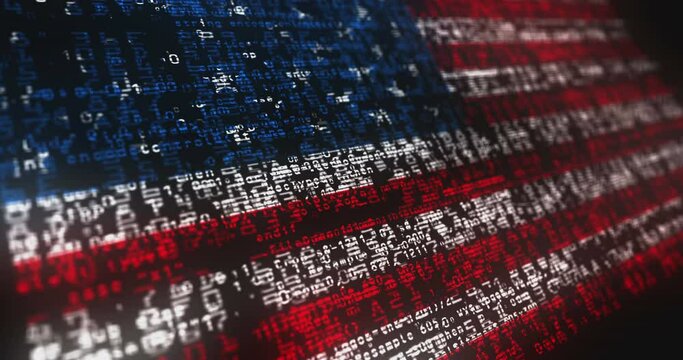 USA USA flag waving secure code. USA United Statest of America blowing banner cyber security attack and hack concept animation.