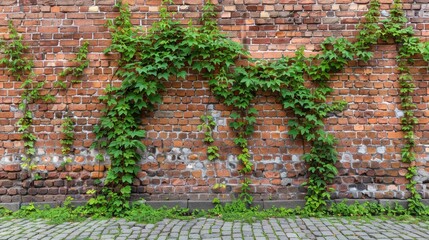 Naklejka premium A red brick wall with vines growing up the side and a cobblestone path in the foreground.