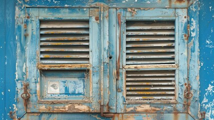 Two weathered metal shutters with two old postcard frames