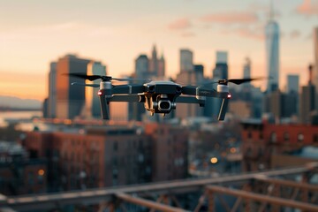 A modern drone with a camera hovers over a cityscape, capturing breathtaking sunset views. Generative AI