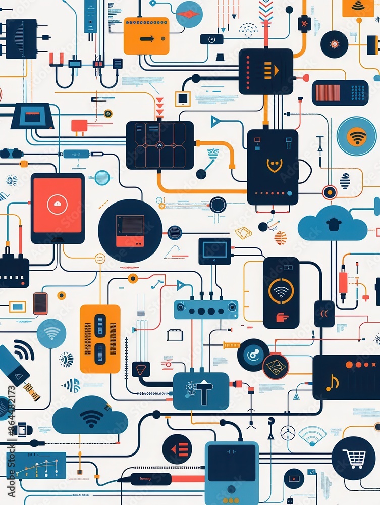 Aufkleber Abstract illustration showcasing a network of routers, modems, smart home devices, and data flow lines. Generative AI