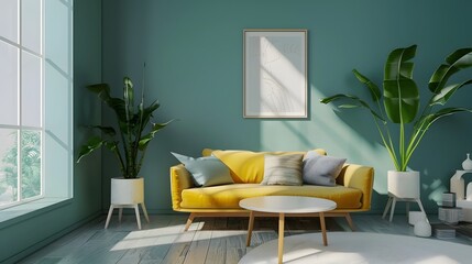 Vibrant and Inviting Minimalist Living Room with Colorful Decor and 3D Rendering