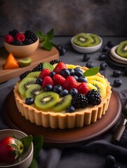 Vibrant Mixed Fruit Tart with Kiwi, Berries, and Peach Glaze.