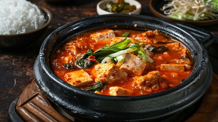 Hearty Sundubu Jjigae Dish. Soft tofu and seafood in a rich, spicy broth.