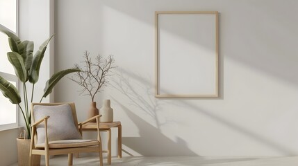 Wooden Frame Mockup with Chic Chair in Minimalist Room Interior Design