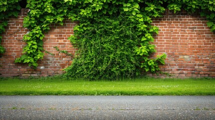 A red brick wall with lush green vines growing over it, with a patch of green grass in front and an asphalt road below