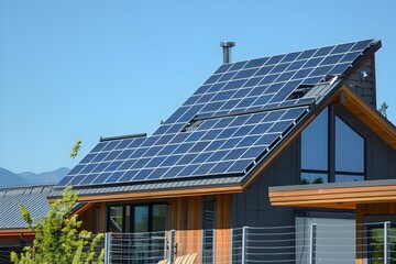 Fototapeta premium Modern House with Solar Panels, Sustainable Energy Solution, Installing Solar Panels on the Roof