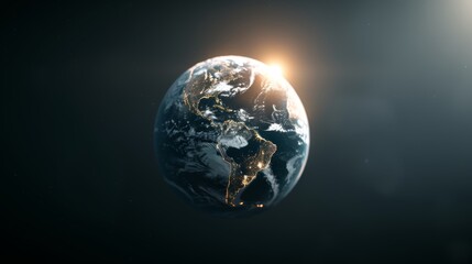 Obraz premium Elegant Earth in minimalist style, dimly lit with ambient glow, continents partially visible, atmospheric and space-themed, dark cosmic backdrop