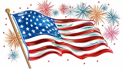Clip art style illustration of a USA flag waving with 4th of July fireworks in the background, set on a white background