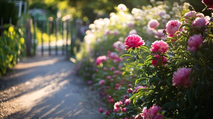Obraz premium Sunlit Garden Path Lined with Blooming Pink Peonies on a Warm Summer Day