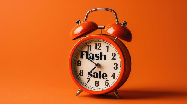Retro alarm clock on an orange background showing flash sale. Vibrant theme promoting limited time discount offers.