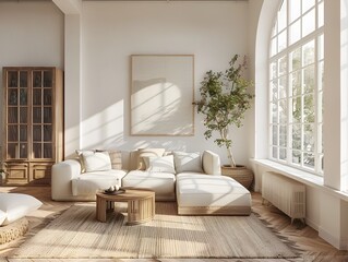 Fototapeta premium Bright and Airy Minimal Living Room with Modern Furnishings and Decor