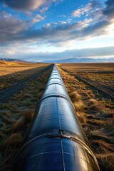 Renewable energy pipeline for clean electricity production in an open field and near mountains.