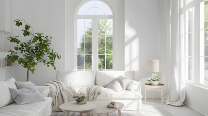 Bright and Airy Modern Living Room with White Minimalist Furniture and Home Mockup 3D Render