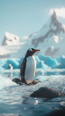 Fototapeta premium Gentoo penguin standing on an icy rock in antarctica, scenic snowy mountain background. Wildlife and nature photography concept