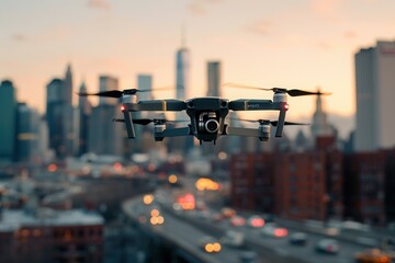 A modern drone hovers in mid-air with a city skyline in the background, showcasing the versatility of drone photography for capturing breathtaking aerial shots. Generative AI