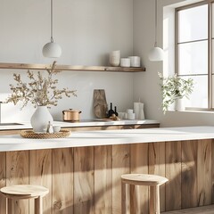 Clean Wooden Kitchen Island with White Countertops in Minimalist Interior Setting