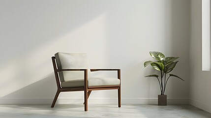 Close up 3D Render of Minimalist Wooden Frame and Designer Chair in Modern Interior Setting