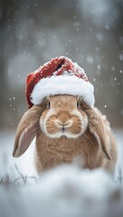 Cute easter rabbit in santa claus hat on snowy winter background, a charming festive image