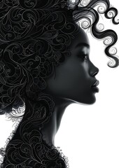 Profile of Young Woman with Intricate Curly Hair Illustrative Design in Monochrome