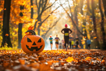A carved Halloween pumpkin with a jack-o'-lantern face sits on a leaf-strewn forest path, while a runner in an orange shirt and black shorts is blurred in the background