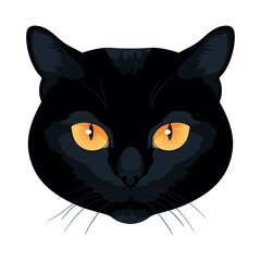 Cat head isolated on white background. Feline face. Black cat with yellow eyes. Vector illustration