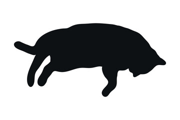 Cute lying cat silhouette isolated on white background. The cat lies belly up. Feline shadow. Vector illustration