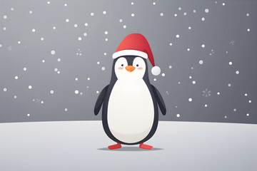 Fototapeta premium A cute cartoon penguin wearing Santa's hat against snowy winter landscape. Illustration for calendar, greeting card design, gift boxed