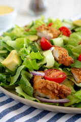 Homemade Crispy Chicken Salad with Tomato and Cucumber on a Plate, side view. Close-up.