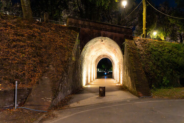 Obraz premium Illuminated stone archway tunnel trough the wall of Lucca at night with surrounding greenery