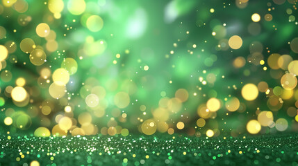 Abstract Bokeh Green and Gold Glitter Background, Christmas, New Year, Party Backdrop.