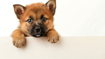 Photo small cute puppy on white background holding a blank piece of paper, animal protection concept, animal keeping