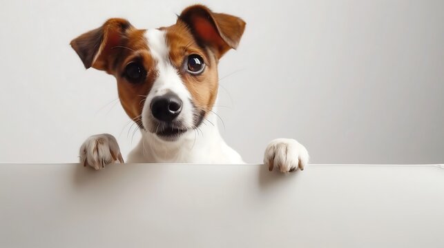 Photo small cute puppy on white background holding a blank piece of paper, animal protection concept, animal keeping