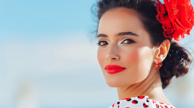 Portrait of Sensual Spanish Woman, Flamenco Dancer in Red Clavel and Dotted Dress Against Blue Background, Hispanic Heritage.