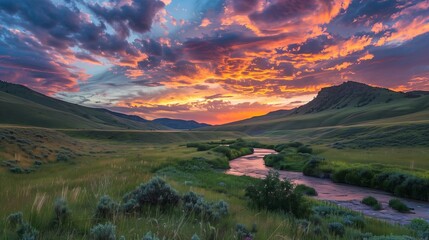 Fototapeta premium A tranquil valley with a winding river beneath a sunset sky, blending nature's beauty and harmony.