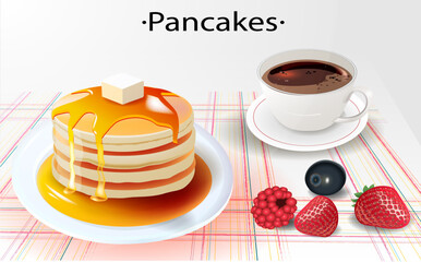 Pancakes with honey and a cup of tea. Delicious breakfast