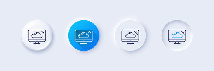 Computer line icon. Neumorphic, Blue gradient, 3d pin buttons. Cloud storage service sign. Monitor symbol. Line icons. Neumorphic buttons with outline signs. Vector
