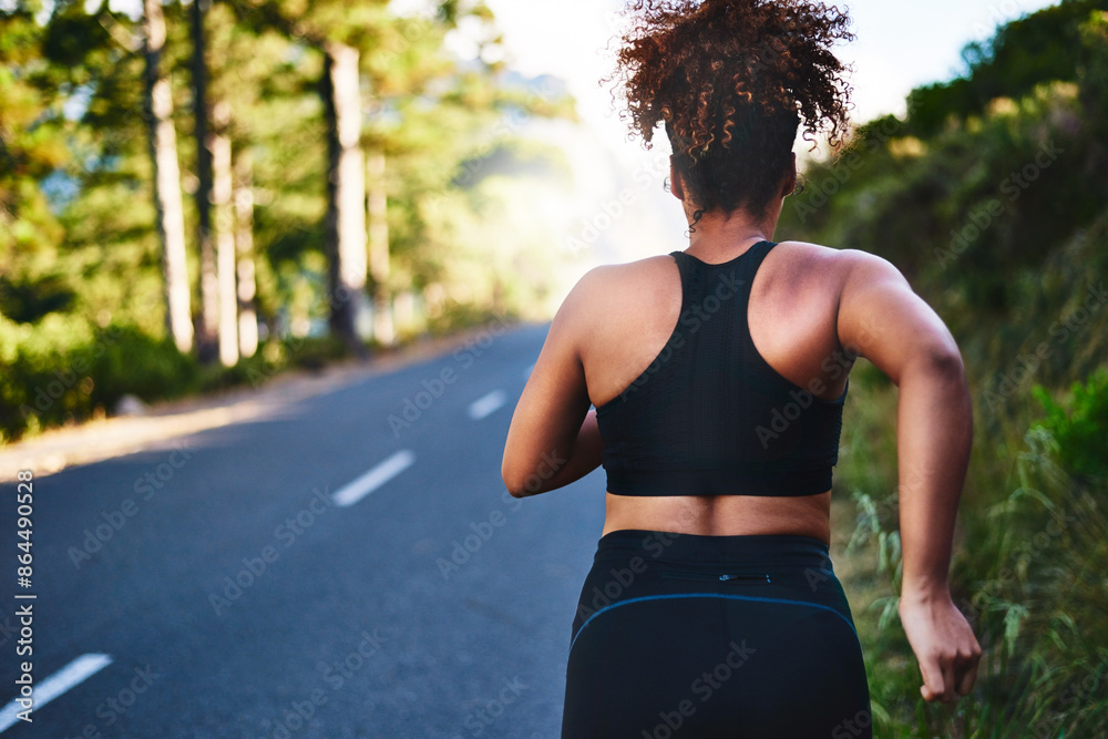 Poster Woman, back and running with road for fitness, workout or outdoor exercise in nature. Rear view of active female person, athlete or young runner on street for training, cardio or health and wellness