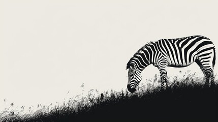 Fototapeta na wymiar A black-and-white image of a zebra grazing in a field of green grass beneath a white sky