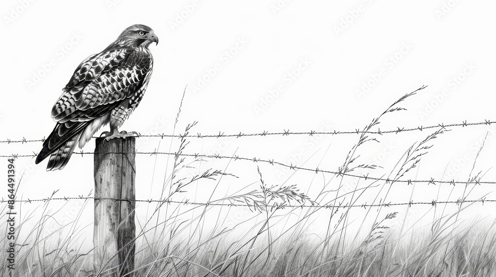 Sticker  A black-and-white image of a hawk perched atop a fence post against a backdrop of towering grasses in a field