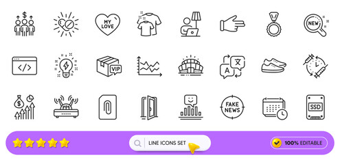 Inspiration, Shoes and Calendar line icons for web app. Pack of Ssd, Arena stadium, Floor lamp pictogram icons. Attachment, Vip parcel, My love signs. New products, Salary, Translate. Vector