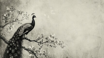 Fototapeta premium A monochrome image of a peacock atop a tree branch against a backdrop of white blooms
