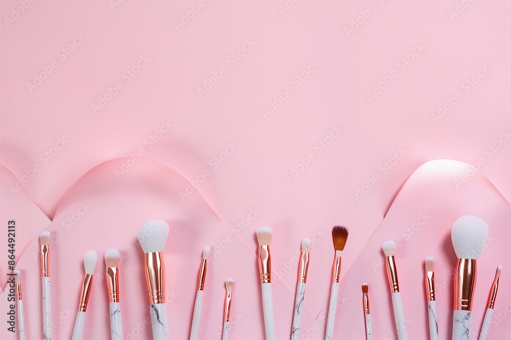 Wall mural make up artist brushes set on pink background top view, flat lay. beauty shop banner mockup. - Wall murals