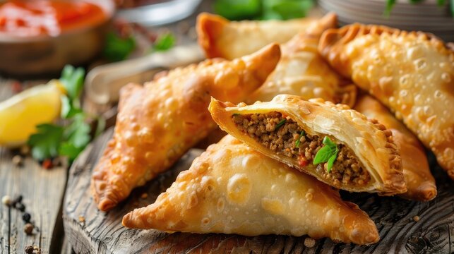 Cheburek - deep-fried turnovers filled with ground meat and vegetables on wooden table