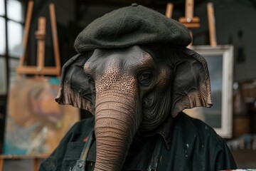 Elephant wearing a hat in an artist's studio