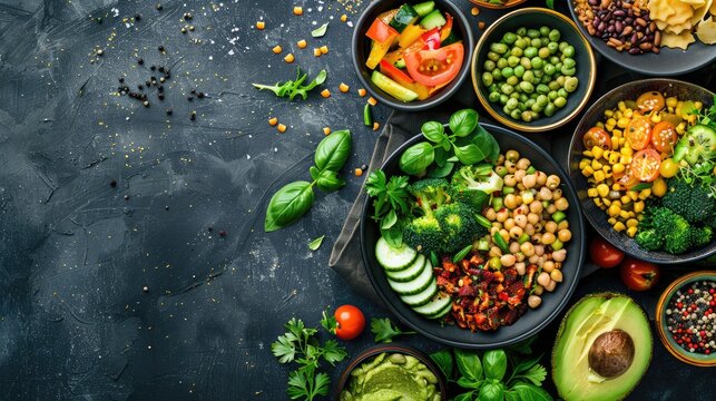 Vegan meal assortment on chalkboard Healthy gluten free Vegan dinner option