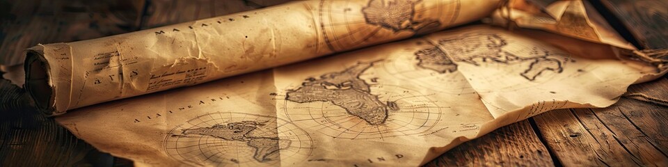 vintage map on the table. Selective focus