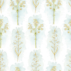 Seamless pattern with vintage graceful dry herbs herbarium and blue stains isolated on white background. Watercolor hand drawn illustration © Mimomy